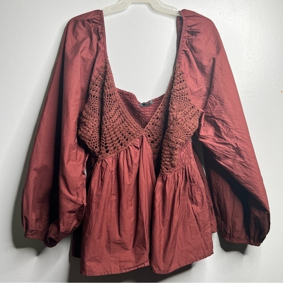 ASOS Curve Crochet Burgundy Smocked Peplum Top Plus Size 22 - Picture 2 of 8